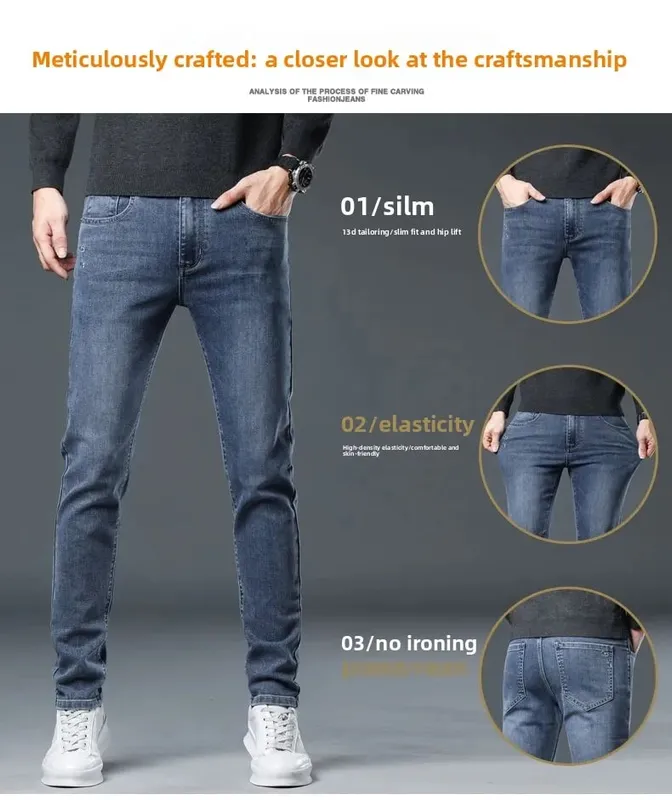 Nuevos pantalones vaqueros elásticos de otoño/invierno 2025 para hombres jóvenes con cintura elástica recta pequeña, pantalones vaqueros a la moda para hombres — image 8