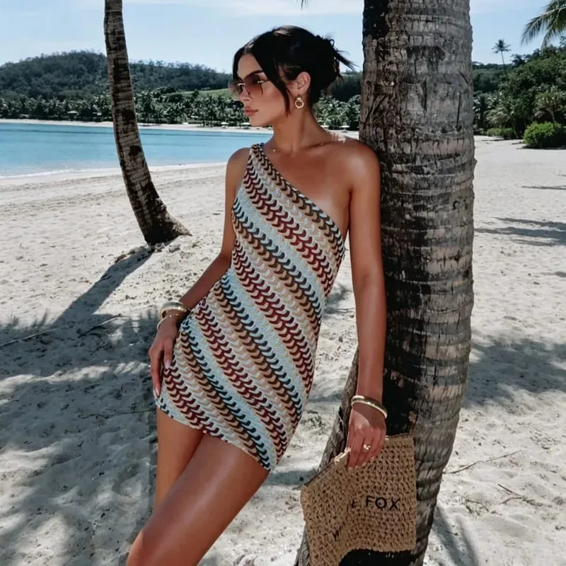 Bohemian Slanted Shoulder Colorful Striped Bodycon Dress Chic Irregular Printed Knitted Backless Slim Fit Mini Dresses Beach