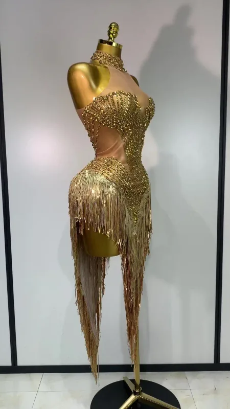 Costume di scena sexy scintillante strass maglia trasparente paillettes nappa sera festa di compleanno discoteca danza cantante vestito
