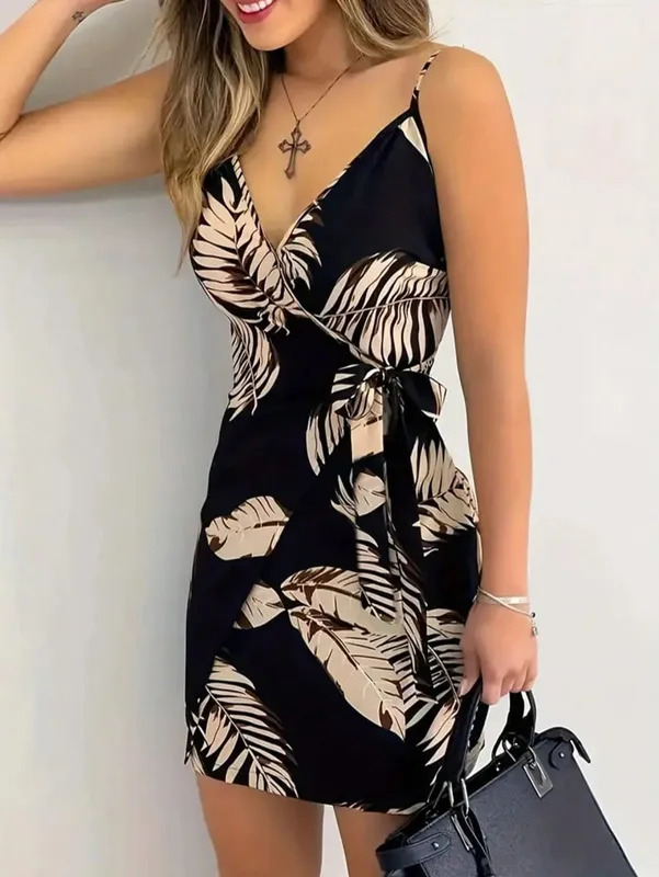Women's Floral Print Spaghetti Strap Mini Dress Casual Tie-Front Detail Comfortable Fit Mini Dress for Casual Wear Women's Summe — image 3