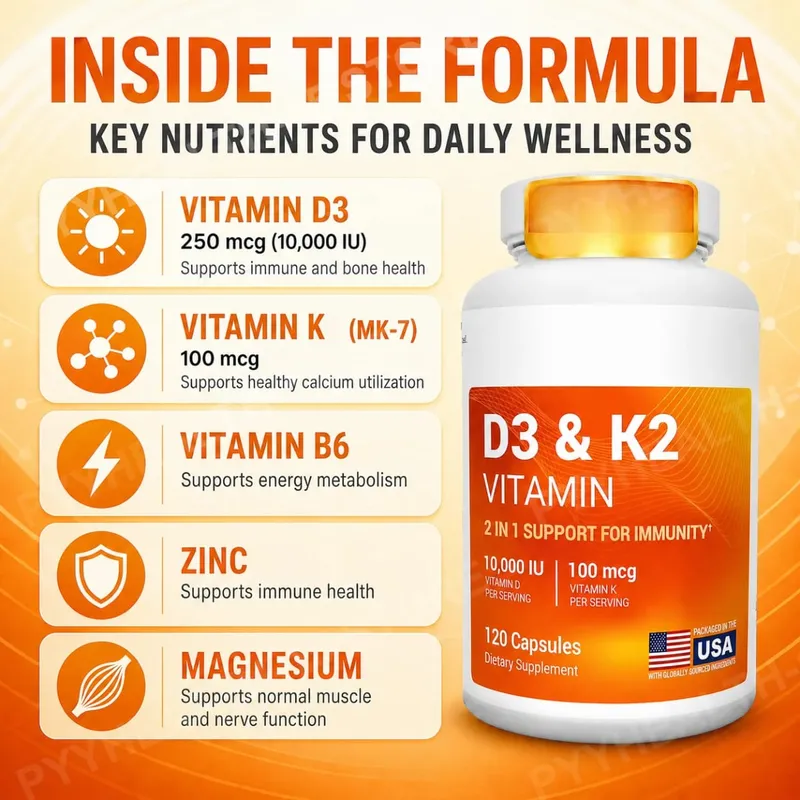 D3 K2 MK-7 Vitamin Supplement Capsules with Magnesium Zinc B6 and MCT Powder 120 Count Adult Daily Wellness Support