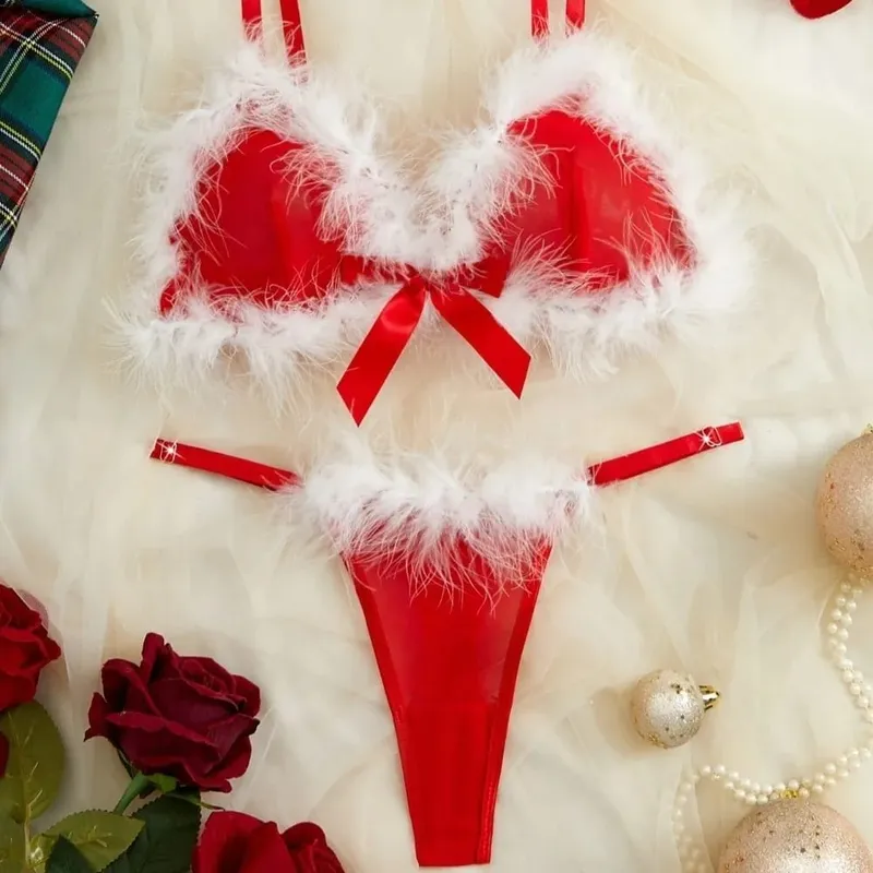 New Year Furry Women's Underwear Wireless Mesh Transparent Lingerie Set Bow Decor Romantic Intimate Bra Panties Suit Home