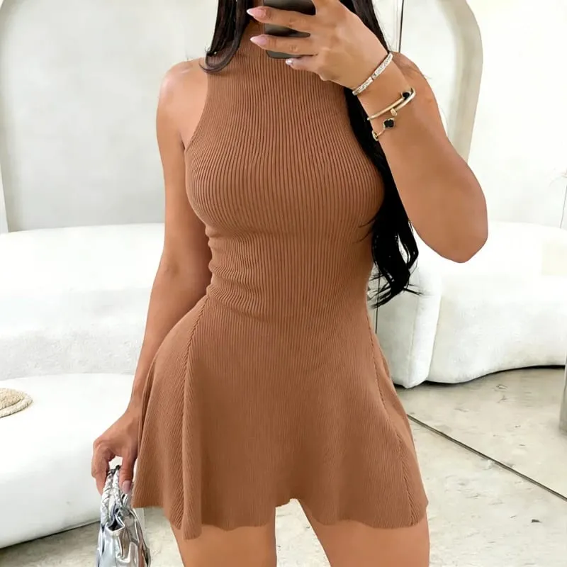 Brown Sleeveless Mini Dress Women's Mock Neck Sundress Flared Stretchy Ribbed Knit A-Line Casual Summer Party Vacation Dress — image 2