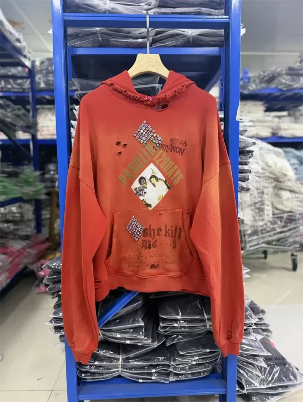 Autumn Winter New PH Hand-beading Print Vintage Washed High Street Casual Loose Cotton Versatile Hoodie Trendy Sports Top Men