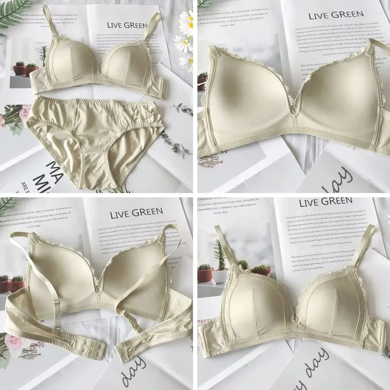 Solid Color Glossy Lingerie Set Triangle Cup Bra & Panty Set Comfortable Non-Steel Ring Push Up Underwear — image 2