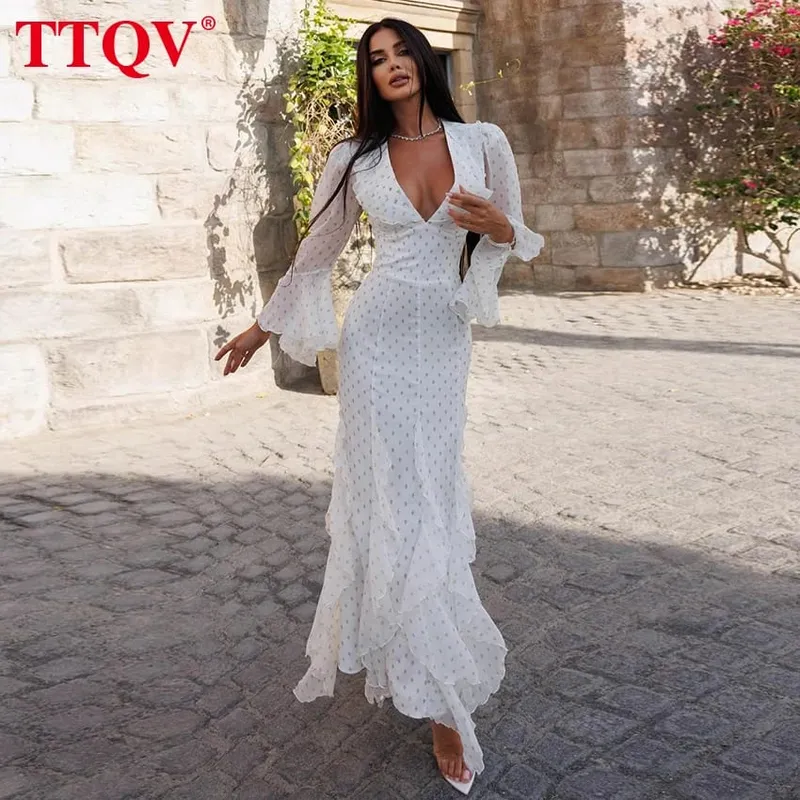 Sexy Slim Print Women's Dress 2025 Fashion V-Neck Long Sleeve Ankle Length Dresses Elegant Classic Ruffles Female Dress