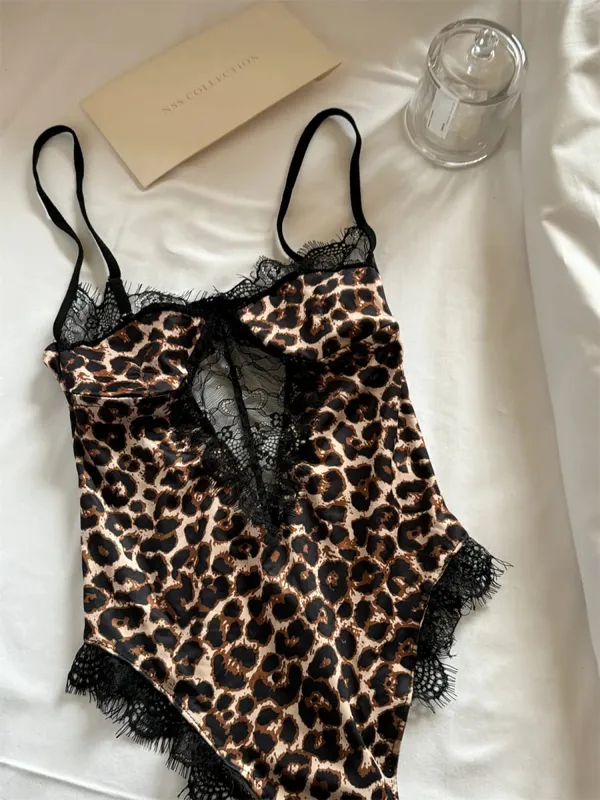 Sexy Leopard Print Halter Bodysuit for Women Thin Stretch Lace Lingerie One-Piece with Hanging Neck