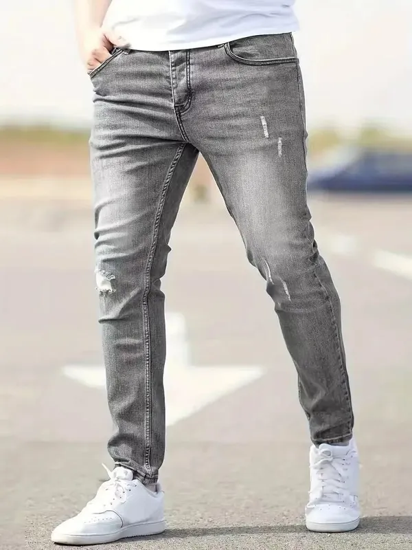 2026 New Fashion Men's Skinny Ripped Jeans Mid Waist Stretch Denim Pants Male's Slim Trousers with Pocket Casual Soft Streetwear — image 8