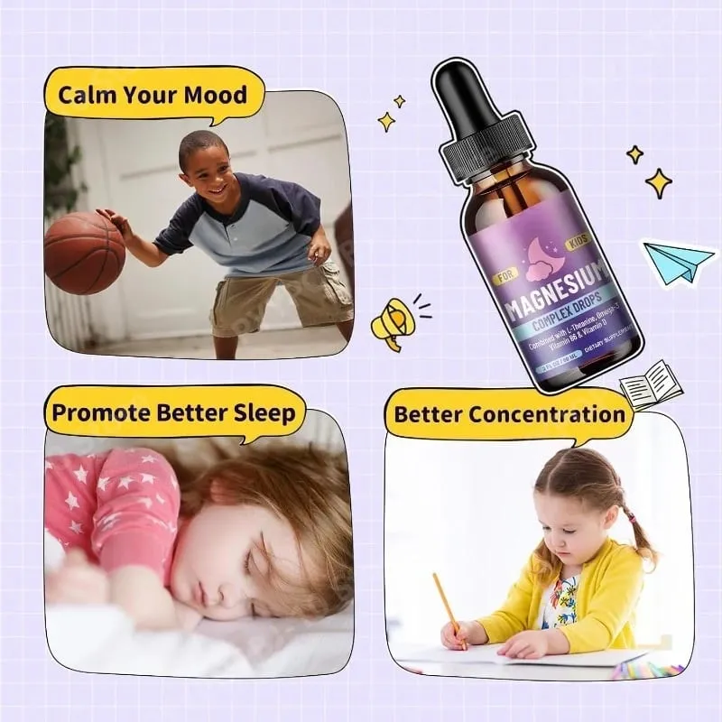Magnesiumglycinat-Flüssigkeitstropfen für Kinder mit L-Theanin, Omega-3, Vitamin B6, D3 zur Schlafentspannung, 2 Fl Oz, Erdbeergeschmack