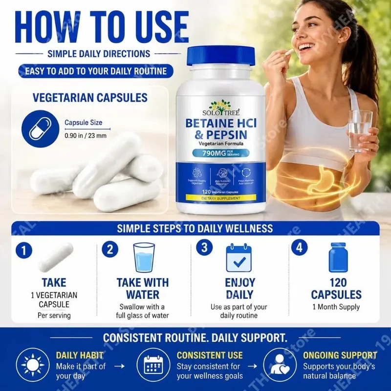 Betaine HCl Pepsin Capsules 790mg Vegetarian For Digestive Acid Balance & Nutrient Absorption Support Adult 120 Count — image 5