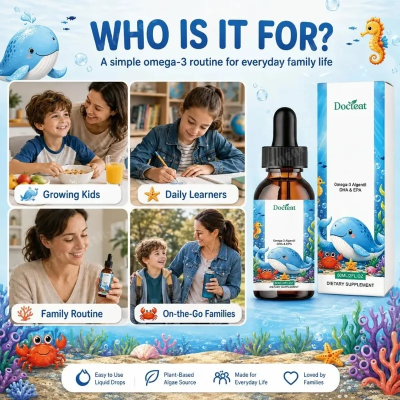 Docteat زيت طحالب أوميغا 3 نباتي من DHA EPA قطرات سائلة لصحة الدماغ للأطفال، نباتي غير معدّل وراثيًا، تغذية يومية برتقالية، 60 حصة — image 4