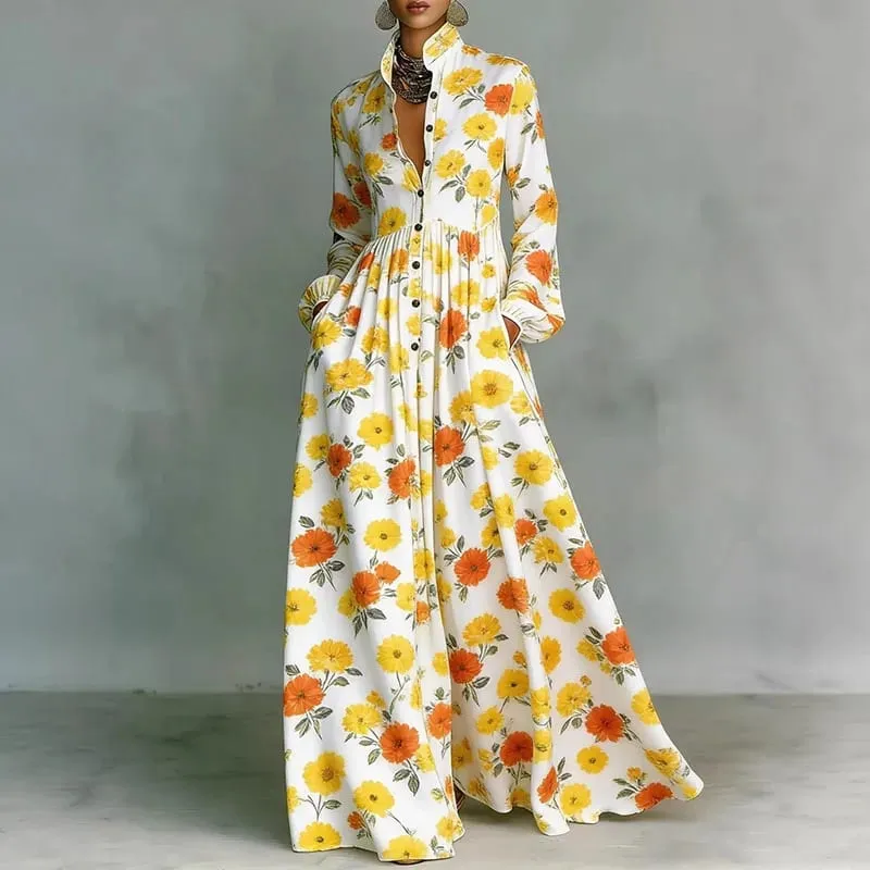Robe plissée taille haute pour femme, motif rétro imprimé, col chemise, poches boutonnées, Maxi, manches longues, style Boho, vacances, printemps — image 10