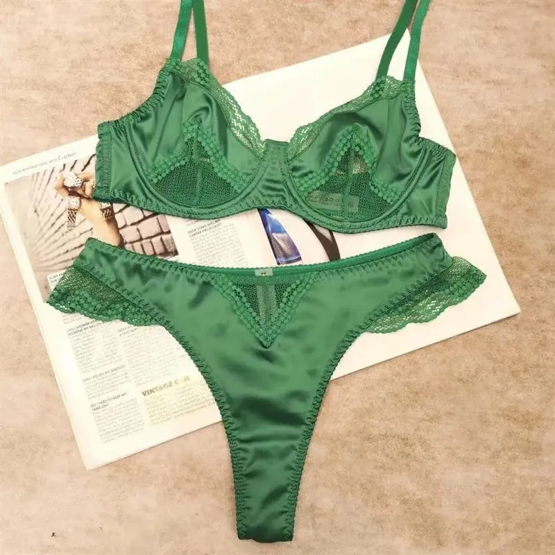 Satin Dessous-Set Französischer Spitzen-BH mit Vorder-Verschluss - Ultra dünn Minimizer & Push Up für jede Größe BANERDANNI AB — image 1