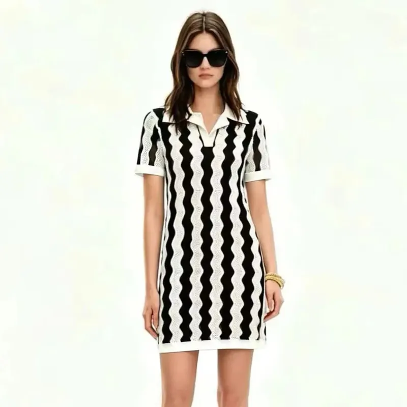 Polo Collar Half Vneck Wave Stripe Knit Dress Women Hollow Jacquard H-line Straight Short Dress Summer Elegant Ladies Mini Dres — image 1