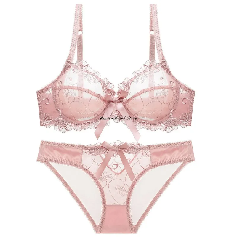 Lace Push Up Bra Set Breathable PantiesThin Mesh Cup Transparent Behalf Lingerie Bow Embroidery Flora Soutien Gorge — image 7