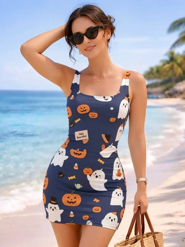 Women Sleeveless Bodycon Mini Dress Square Neck Slim Fit Resort Holiday Travel Casual Elegant Outfit for Shopping Street Beach F — image 10