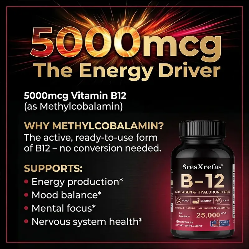 Vitamin B12 Capsules - Supports Energy Metabolism Mood Heart Nervous System Support Relieves Fatigue — image 2
