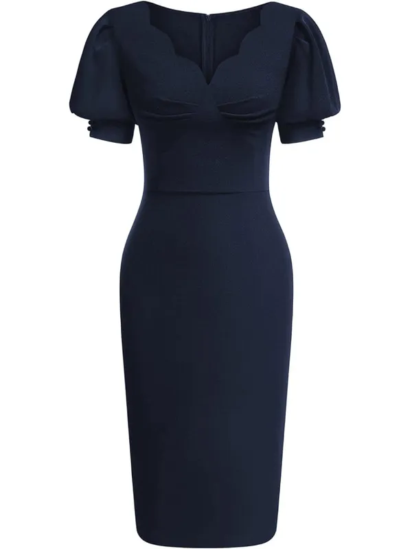 Women Elegant Cutout V-Neck Puff Sleeve Vintage Slim Work Office Cocktail Party Business Sheath Bodycon Pencil Dress — image 6