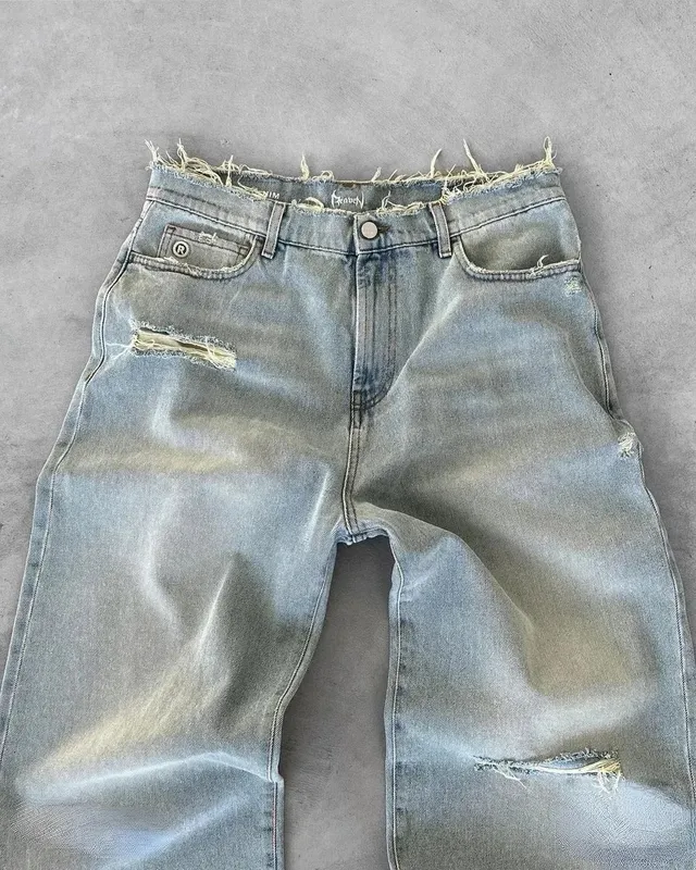 Straight Jeans Distressed Men Jean Ripped Holes Washed Denim Pants Ankle Length Loose Solid Zipper Fly Pockets Casual 2026 — image 6