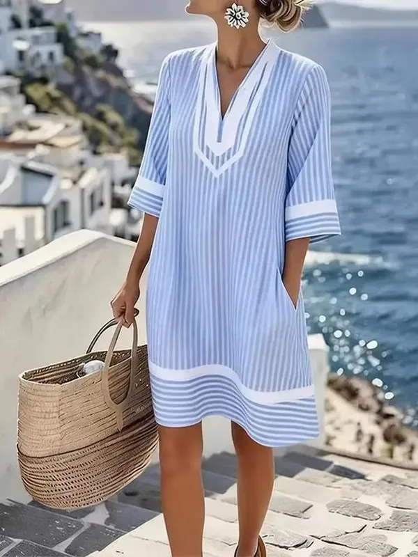 V-Neck Bohemian Print Loose Beach Dress Short Sleeve Sun Cover-Up — image 5