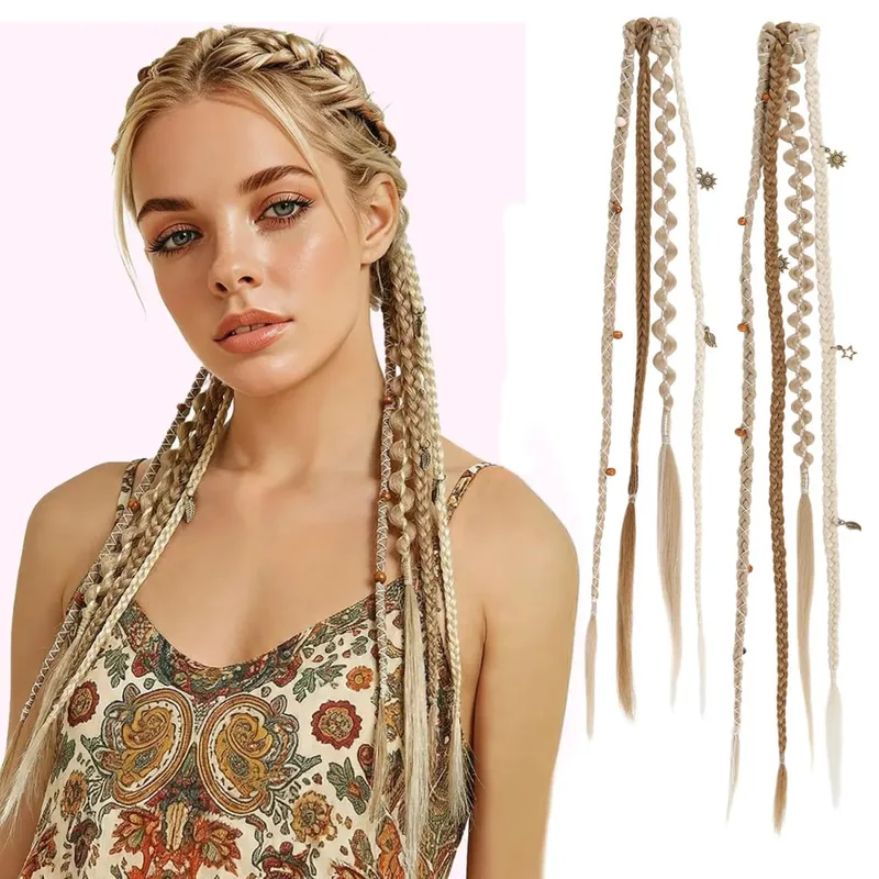 Clip in Braided Hair Extensions for Women Boho Dreadlock Clip in Braids with Beads 2pcs Handmade Synthetic Braided Hairpieces — image 2