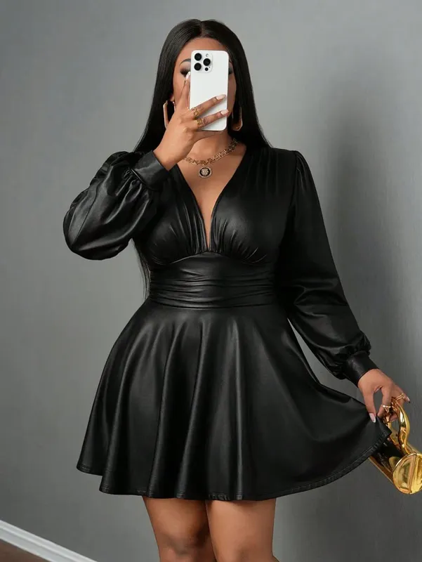plus Size Leather Skirt for Women Deep V Neck Lantern Sleeve Waist Cinched A-Line Party Outfit Sexy Girl's Ensemble — image 6