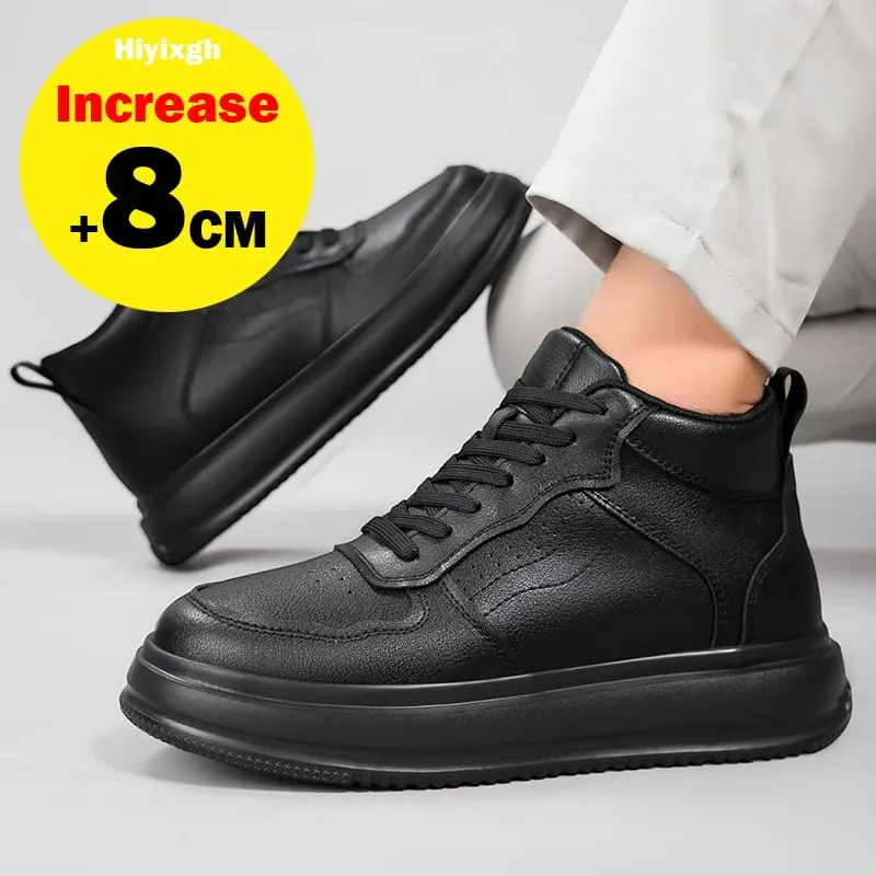 Genuine Leather Lift Sneakers Men's Elevator Shoes Heightening Insole 8cm Black High Shoes Men's Fashion Sports Plus Size 36-46