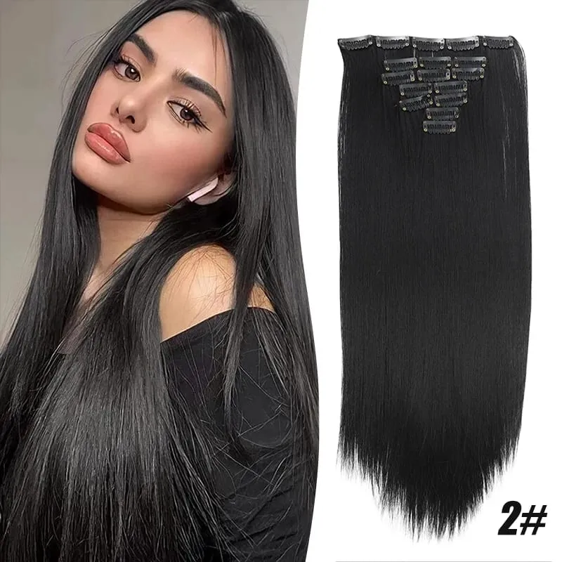Synthetic 7-piece set with 16 card synthetic straight hair extensions suitable for women's daily party use — image 11