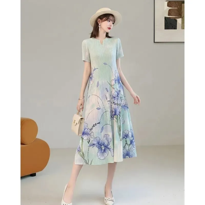 Miyake Ink Print Short Sleeve Dresses 2026 Summer New Short Sleeve Elegant Artistic Fashion Draped Elastic Women's Pleated Dress — image 5
