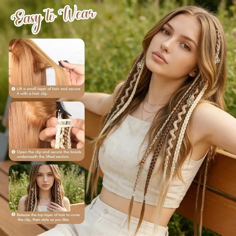Clip in braids 2PCS 20Inch Dreadlock Extensions with Beads & Chains Viking Boho Braids for Cosplay Festival Daily Styling — image 7