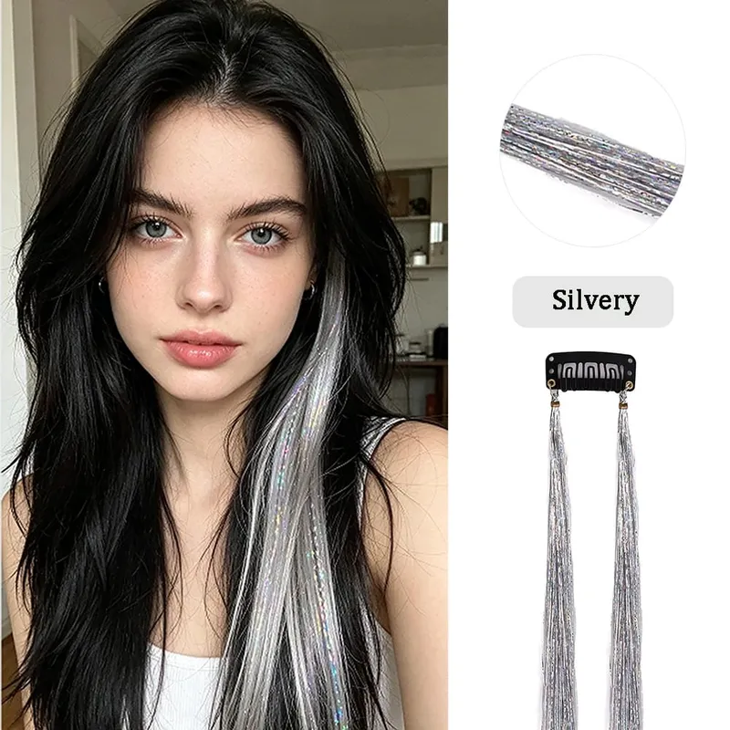 Multi-color Laser Wire Hair Extensions Shiny Tinsel Clip-in Hair Pieces Glitter Colored Hair Strands for Daily & Party Hairstyle — image 8