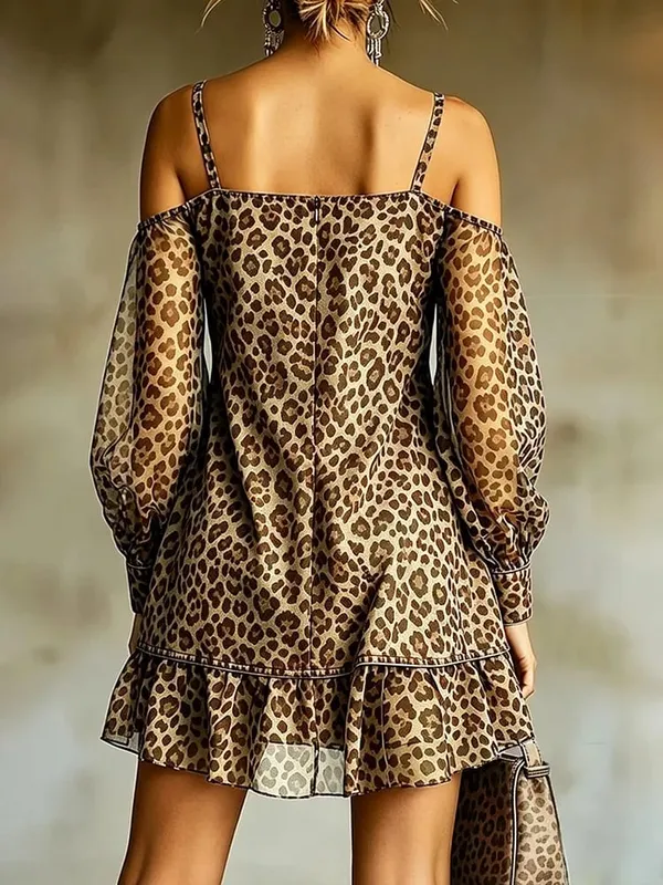Leopard Print Off Shoulder Mini Dress Women Elegant Suspender Dress Fashion Lantern Sleeve Pocket Straight Chic Party Dress — image 2