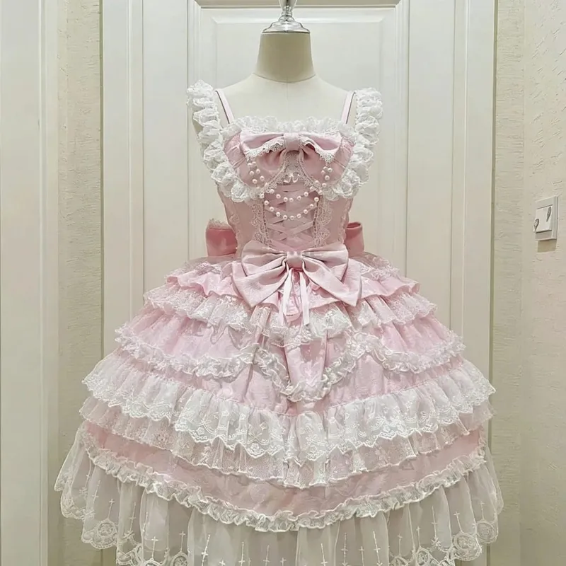 Lolita Kawaii Y2k Long Sleeve Strap Dress Japanese Knee-Length Women Elegant Lace Bow Patchwork Ball Gown Sweet All Season — image 7