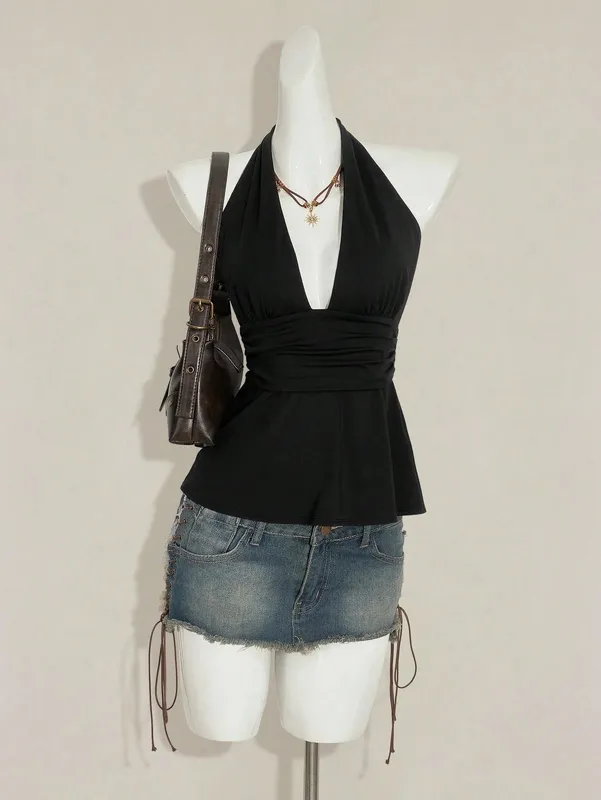 Halter Neck Tie Back Peplum Top Deep V Neck Ruched Waist Sleeveless Open Back Streetwear Party Clubwear For Women — image 4