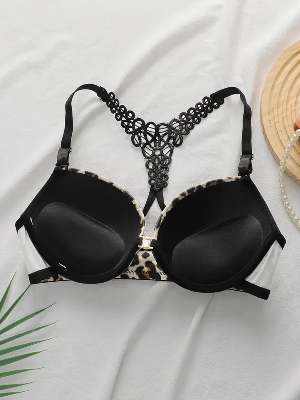 Set reggiseno con chiusura frontale con stampa leopardata e set di lingerie push up con ferretto per donna Bralette sexy in pizzo e slip in due pezzi — image 4