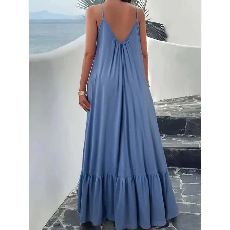 Summer Dresses 2026 New Solid Color Spaghetti Strap Maxi Dress Women V Neck For Beach Party Resort Daily Matching Outfit — image 3