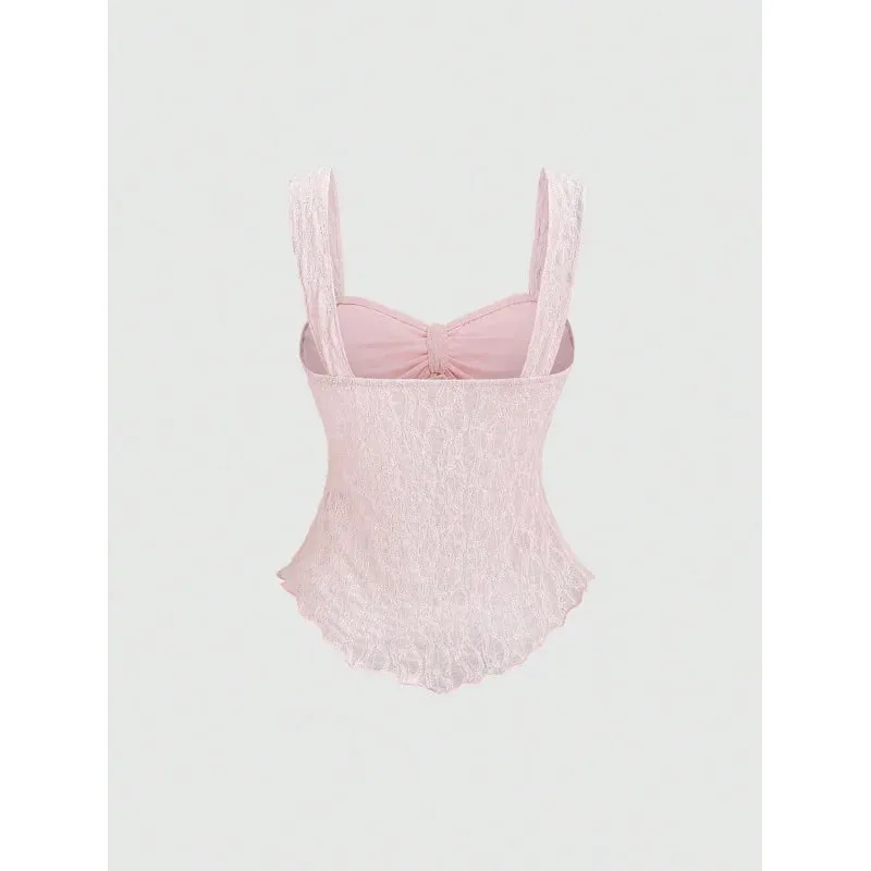 French soft pure aesthetic women cropped camisole solid lace jacquard fabric bow ornament waist cinched versatile sleeveless inn