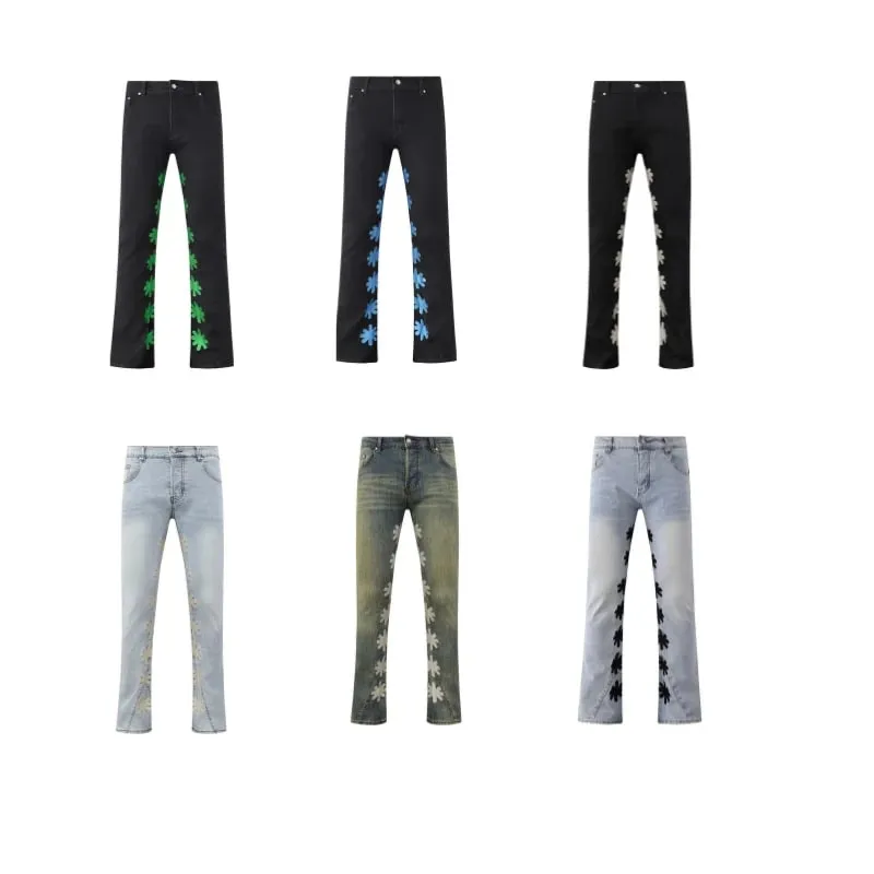 Men's Embroidered Floral Flare Jeans – Vintage Washed Distressed Y2K Hip Hop Streetwear Denim Pants
