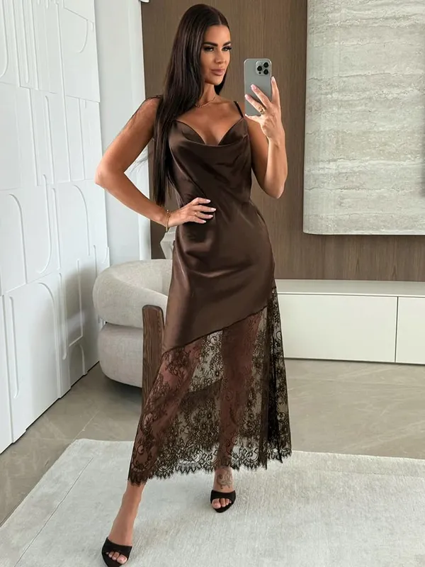 Trendix Hollow Out Lace Dress Women 2025 Winter Sexy V Neck Sleeveless Spaghetti Strap Dresses Party Club Elegant Evening Dress — image 2