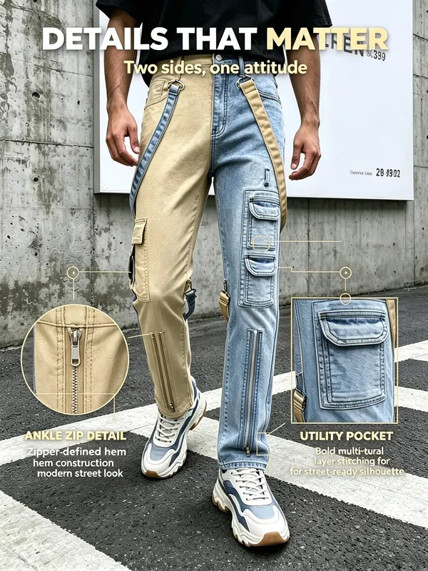 Y2K τζιν για άντρες Techwear ρετρό παντελόνι Cargo Παντελόνι τζιν με μπότα με ανοιχτόχρωμο λουράκι με αντίθεση — image 5
