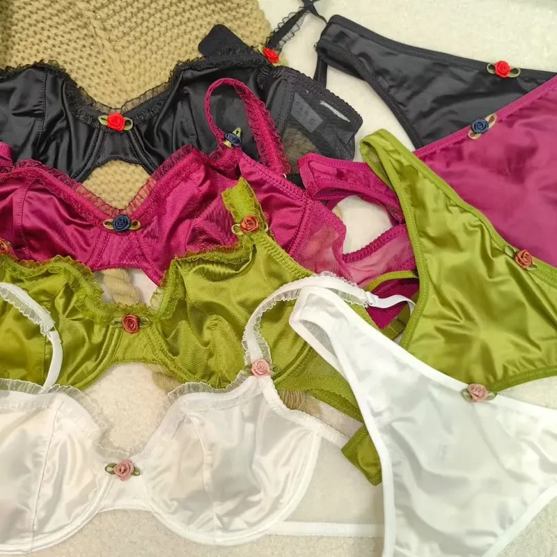 4 Color Fashion Women Lingerie Set Sexy Lace Ultra Thin Comfort Bra French Silk Satin Underwear Bralette Ladies Bras and Thongs — image 1