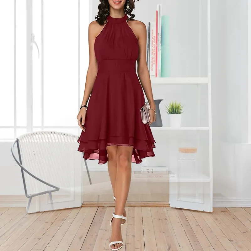 Pakaian Elegan Wanita Musim Panas Pepejal Pinggang Tinggi Halter Gaun Midi Tanpa Lengan Gaun Slim Pesta Chiffon Berlapis Lapis Wanita — image 8