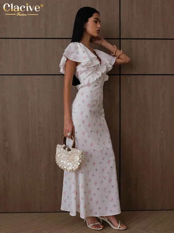 Clacive Sexy Loose Print Women's Dress 2026 Summer V-Neck Short Sleeve Ankle Length Dresses Elegant Classic Ruffles Female Dress — image 2