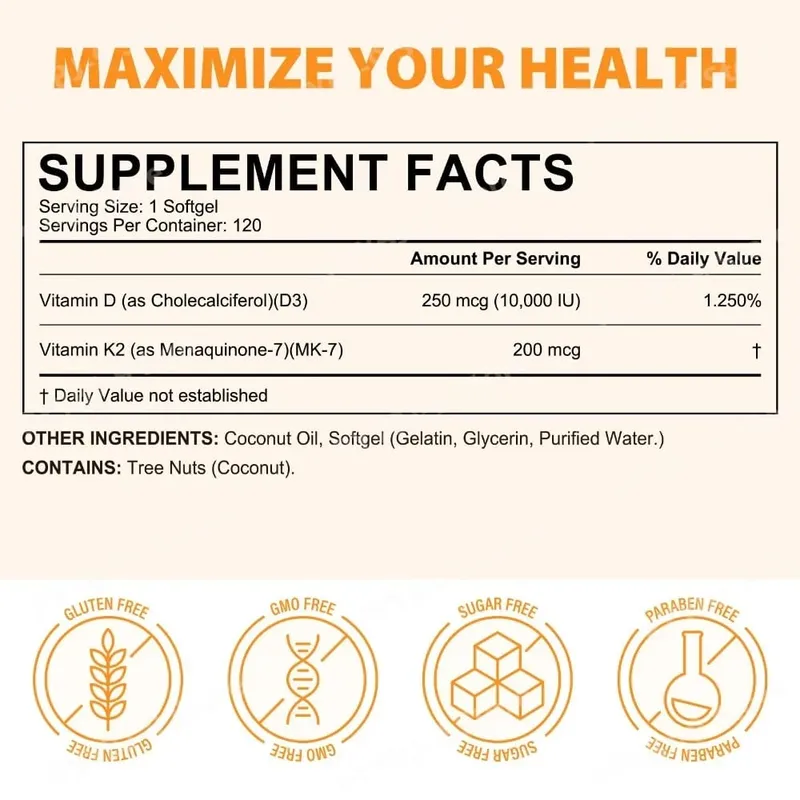 Acentiallabs Premium Vitamin D3 K2 Softgels Supplements Coconut Oil Vitamin D3 AK2 Soft Capsules for Immune Support for Adult — image 3