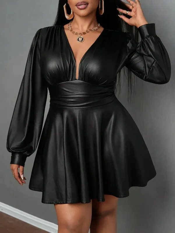 plus Size Leather Skirt for Women Deep V Neck Lantern Sleeve Waist Cinched A-Line Party Outfit Sexy Girl's Ensemble