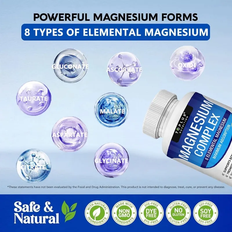 Magnezyum Kompleksi 1000mg Glisinat Sitrat Oksit Aspartat Orotat Malat Taurat Yüksek Abs ile 8 Elemental Magnezyum Takviyesi — image 6