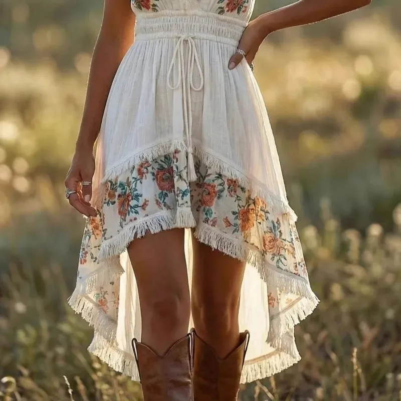2026 New Retro Western Cowgirl Floral Embroidered Mini Dress Women V‑Neck Sleeveless Fringe High Low Hem Vacation Beach Sundress — image 6