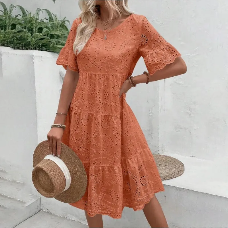 Women's White Eyelet Embroidery Midi Dress Hollow-out Boho Flowy Ruffle Tiered Dress Casual Short Sleeve Summer Beach Dresses — image 5
