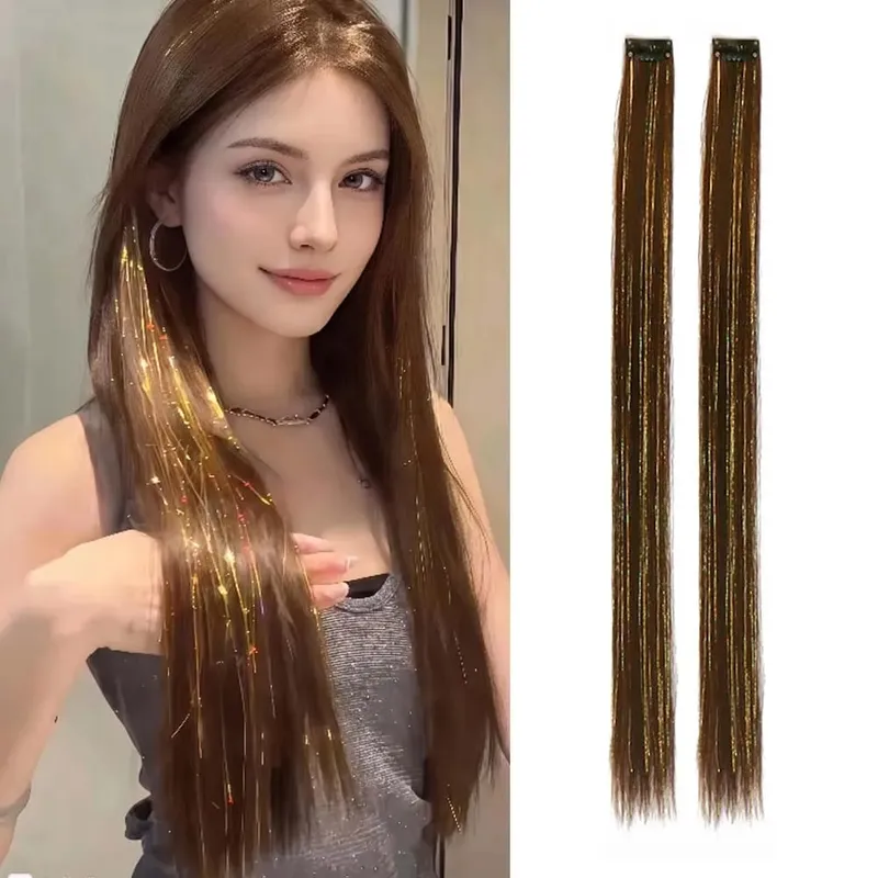 2PCS light brown with tinsel Hair Extensions 24inch Sparkling Hair Clips Multicolored Clip In On Hair Extension Synthetic Hair — image 2