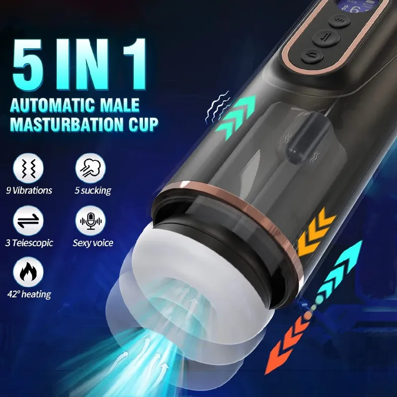 Automatischer Teleskop-Saugen-männlicher Masturbator, vibrierend, intelligente Heizung, sexy Stimme, Kopfhörer, Taschenmuschi, Sexspielzeug für Männer